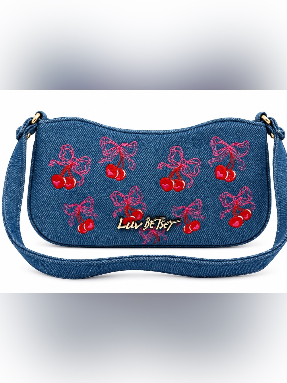 Betsey Johnson Blue Denim Cherry Embroidered Shoulder Bag with Pink Bows